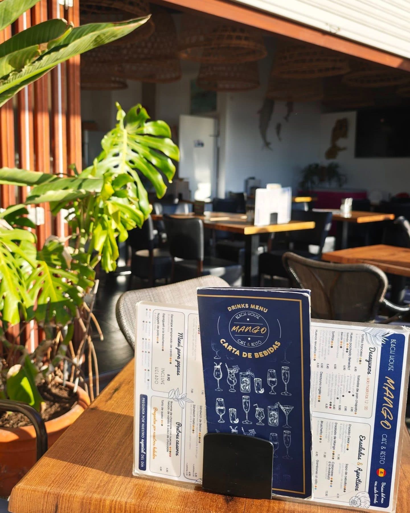 Interior de Mango Beach House con plantas y la carta de bebidas, Torrevieja